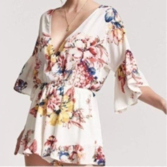 Forever 21 Floral Print Romper - White, Pink, Yellow, Blue - Picture 1 of 4